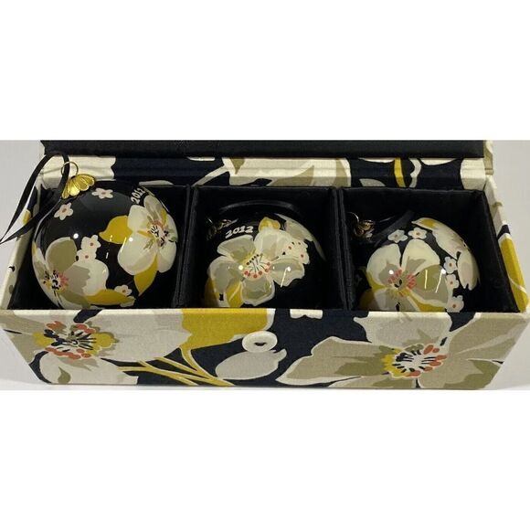 Vera Bradley Floral Reverse Painted Ornaments set of 3 2012 Black Dogwood - Picture 1 of 8